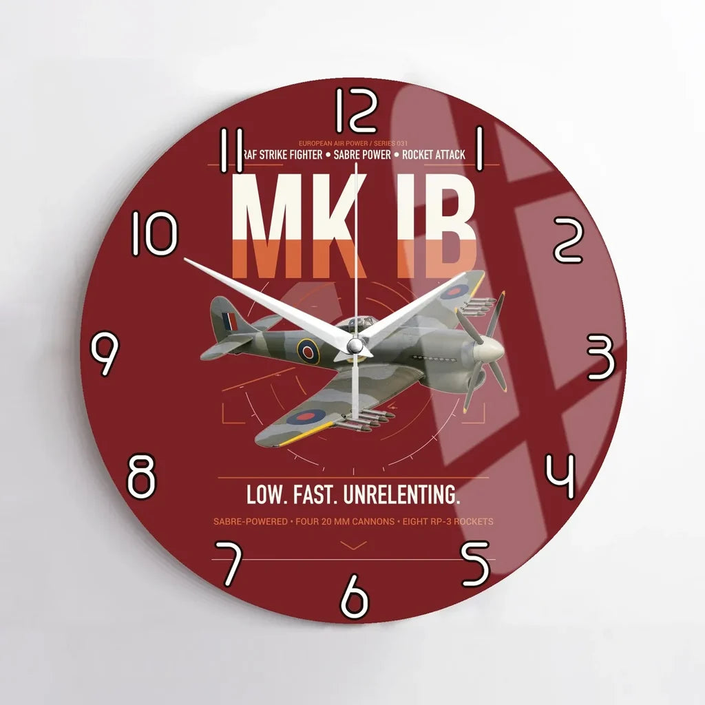 Hawker Typhoon Mk IB design on dark red no frame wall clock