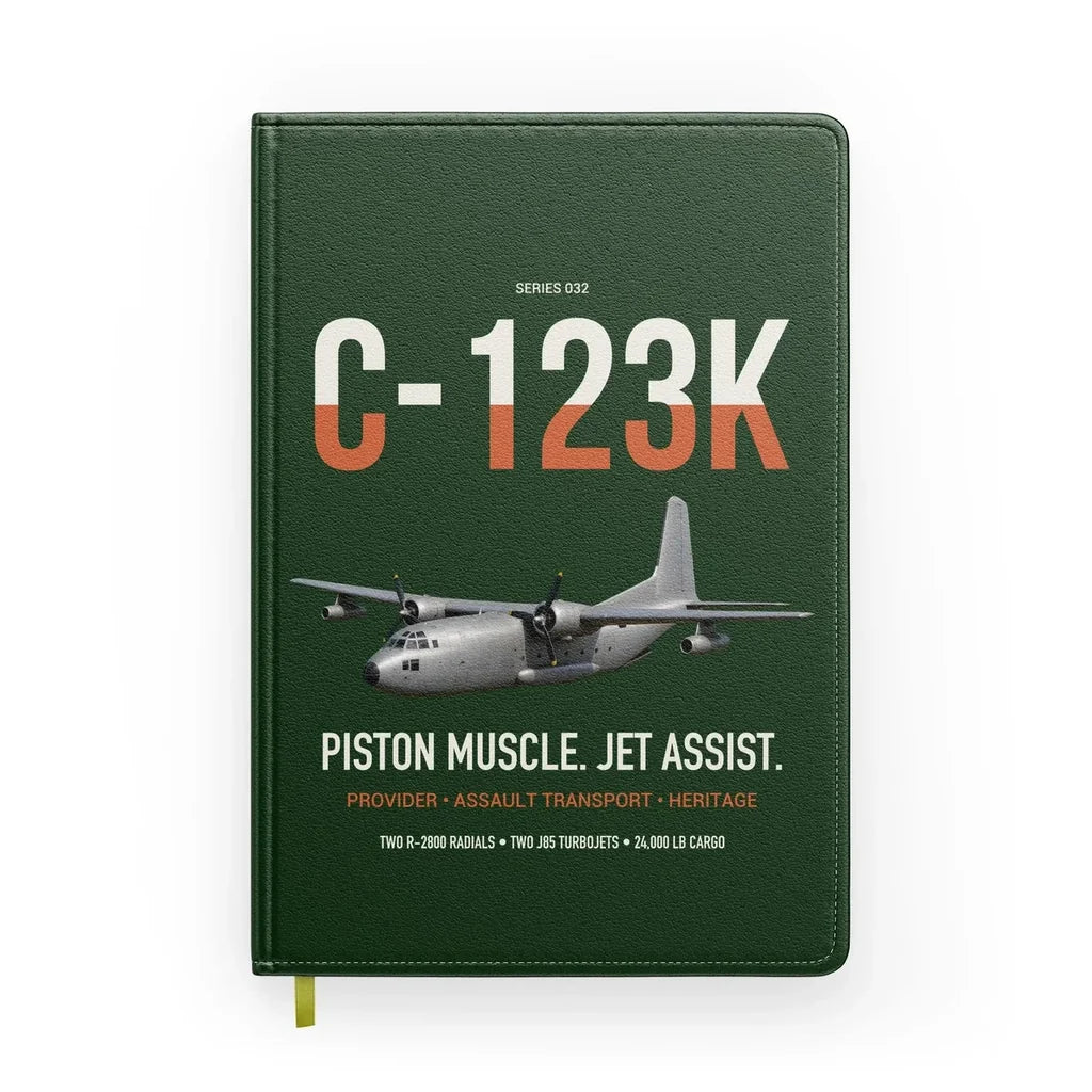 C-123K Provider design on dark green notebook