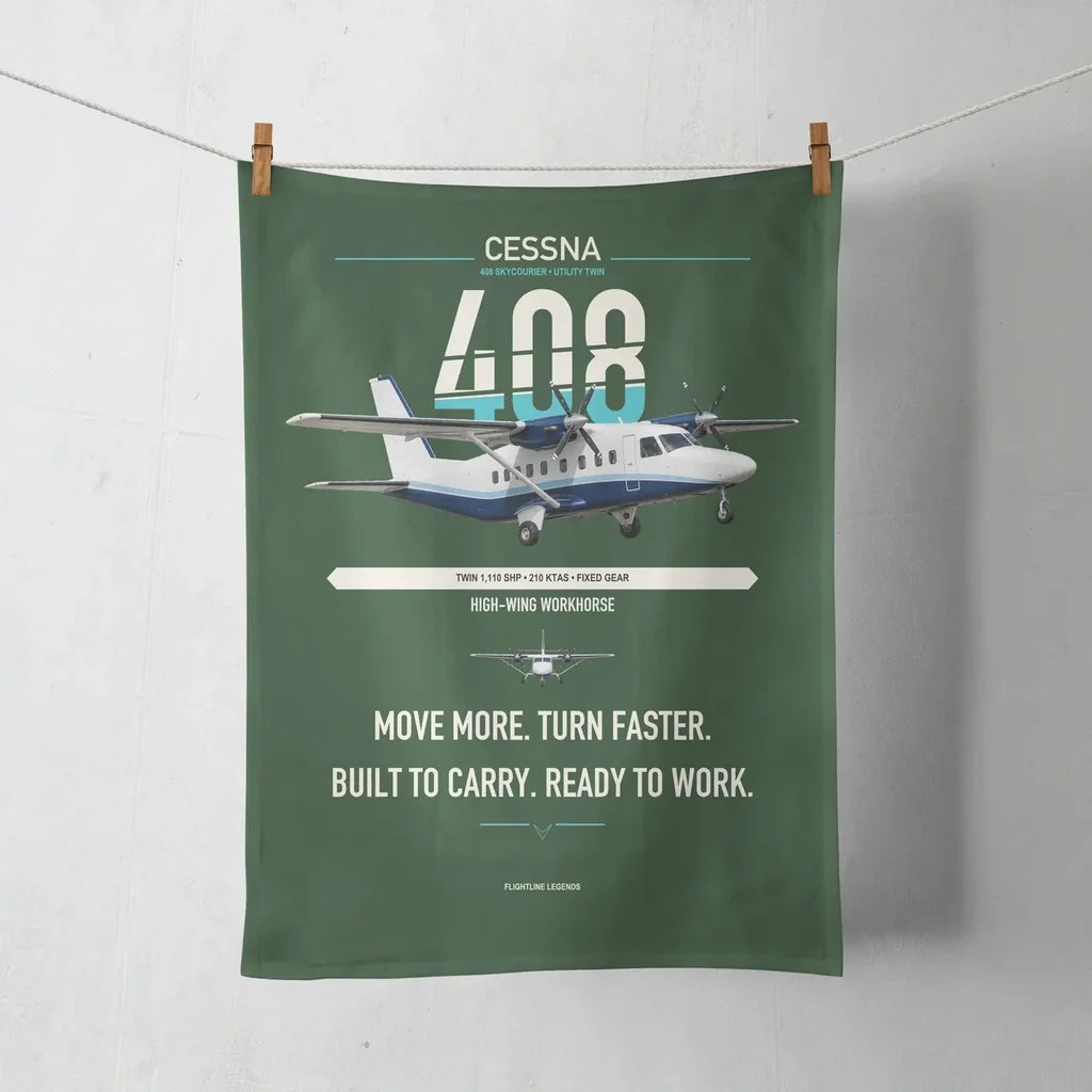Cessna 408 SkyCourier design on dark green towel