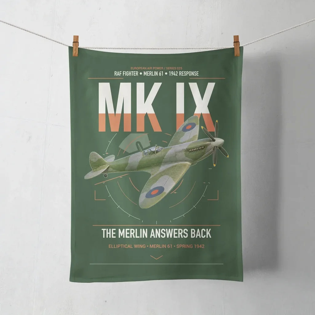 Supermarine Spitfire Mk IX design on dark green towel