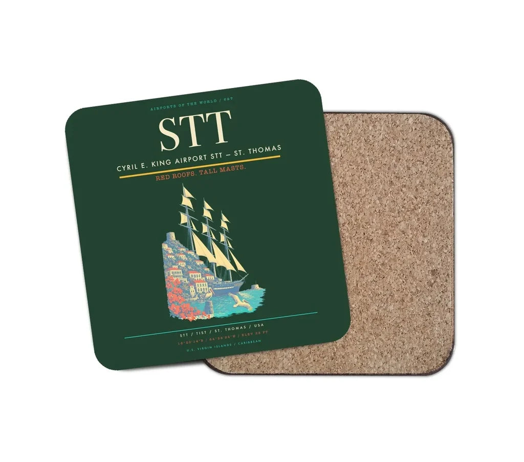 Cyril E. King Airport (STT) design on dark green 1 piece coaster