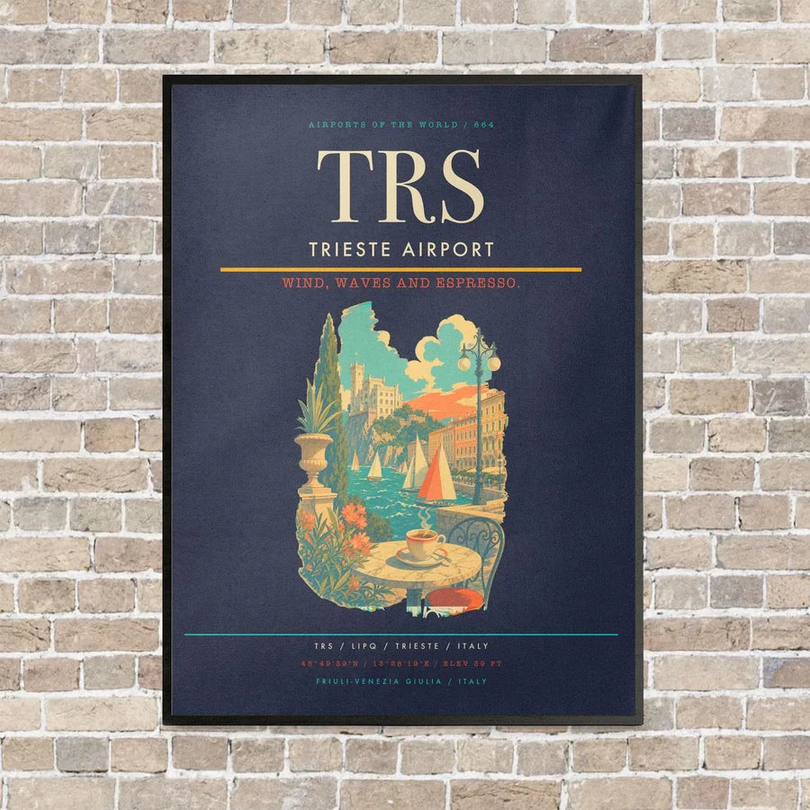 Trieste Airport TRS vertical canvas print - framed - navy blue background