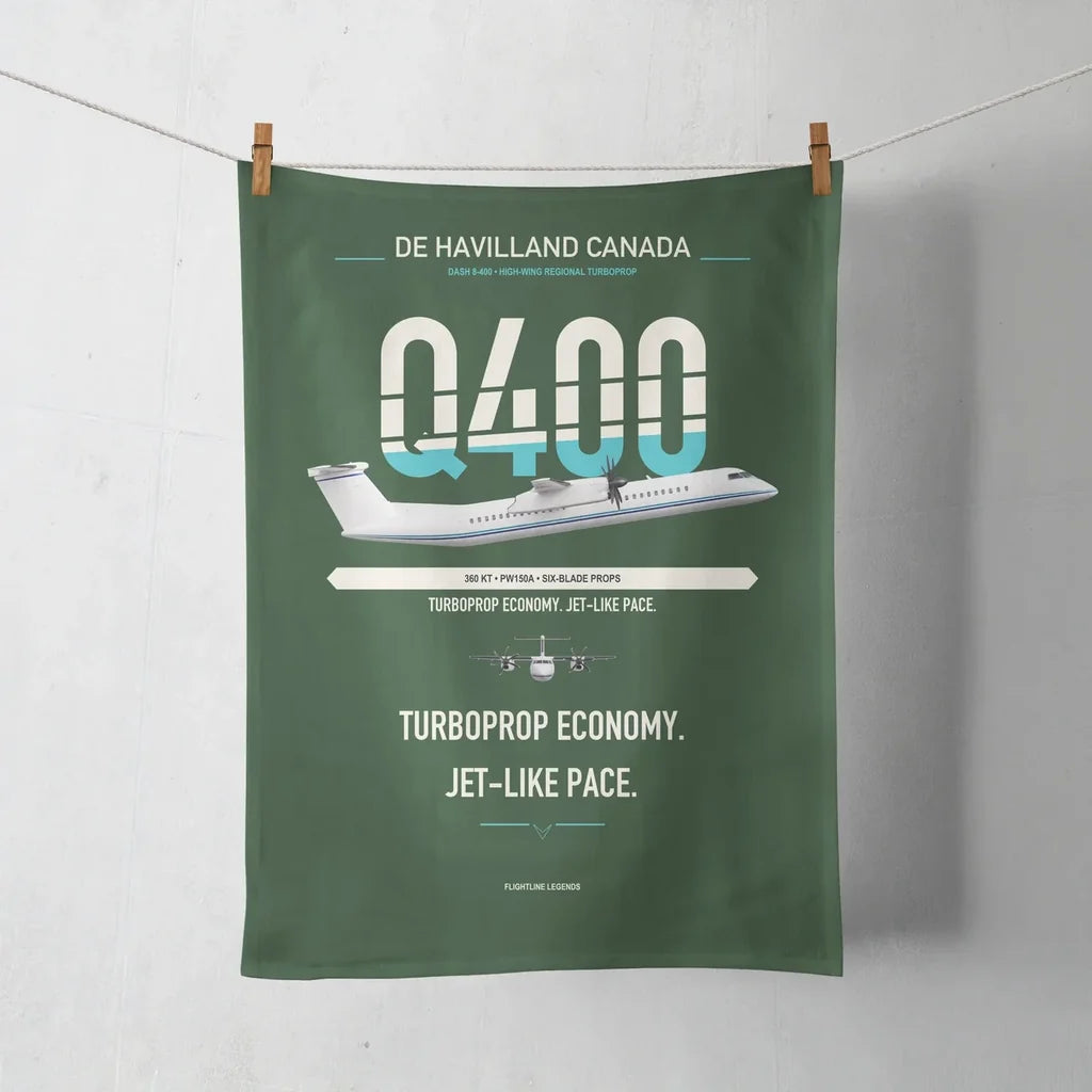 De Havilland Dash 8-400 design on dark green towel