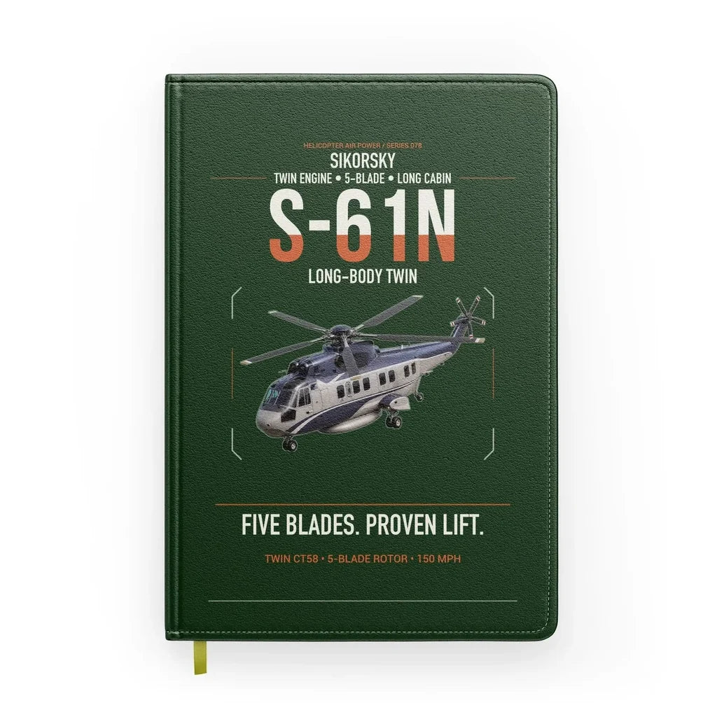Sikorsky S-61N design on dark green notebook