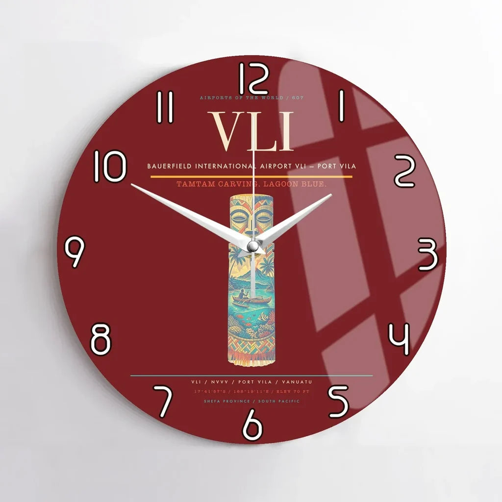 Bauerfield International Airport (VLI) design on dark red no frame wall clock