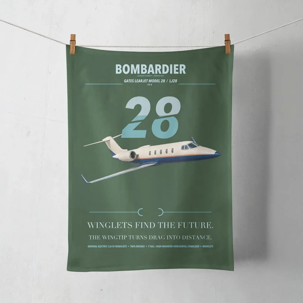 Bombardier Learjet 28 design on dark green towel