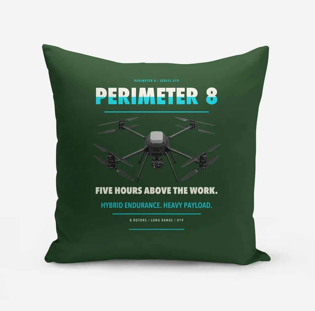 Skyfront Perimeter 8 design on dark green pillow