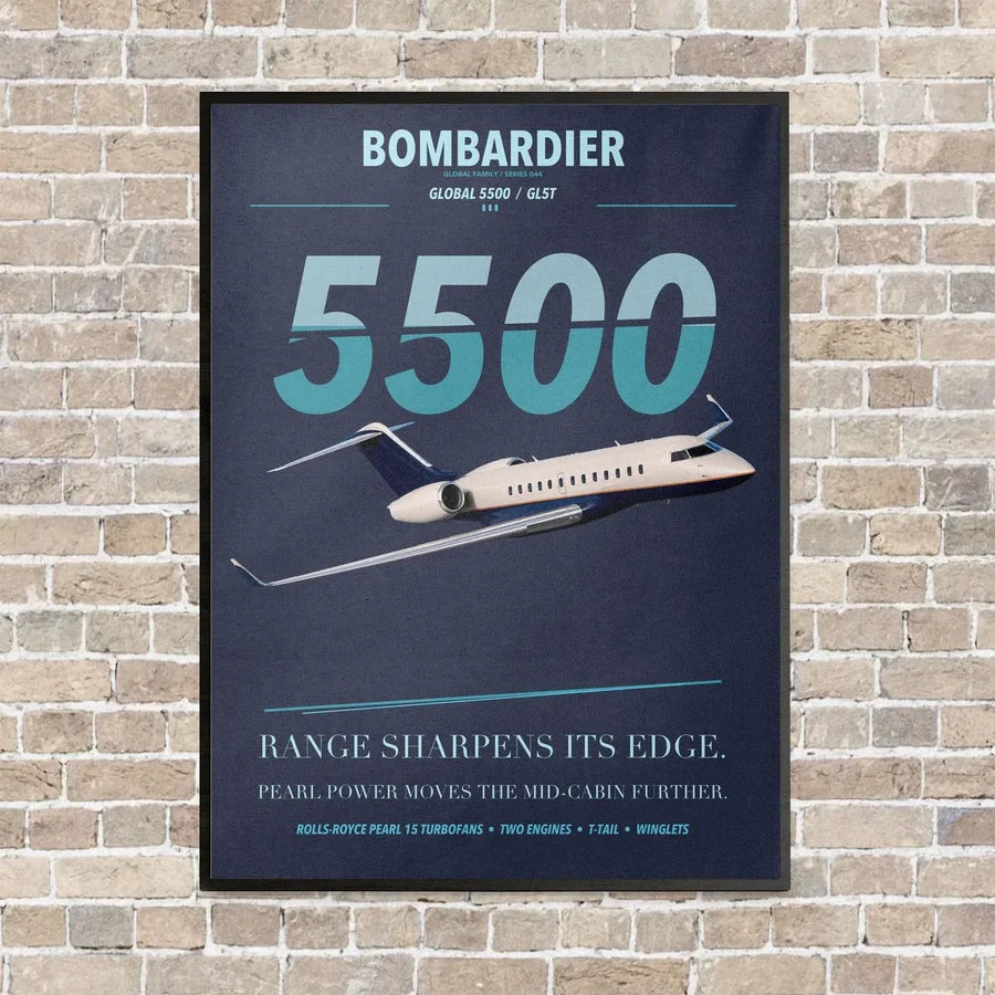 Bombardier Global 5500 vertical canvas print - framed - navy blue background