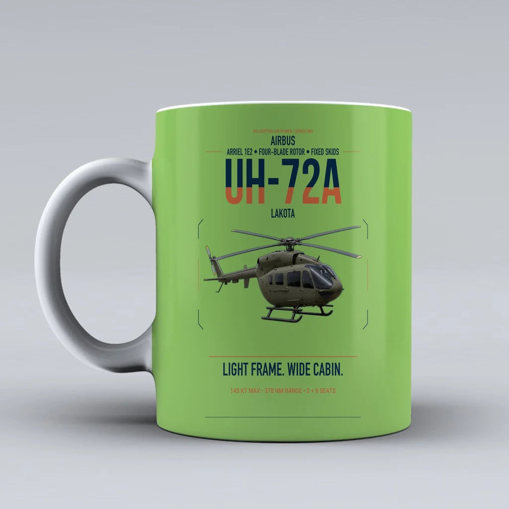 Airbus UH-72A Lakota design on light green ceramic mug, double-side print