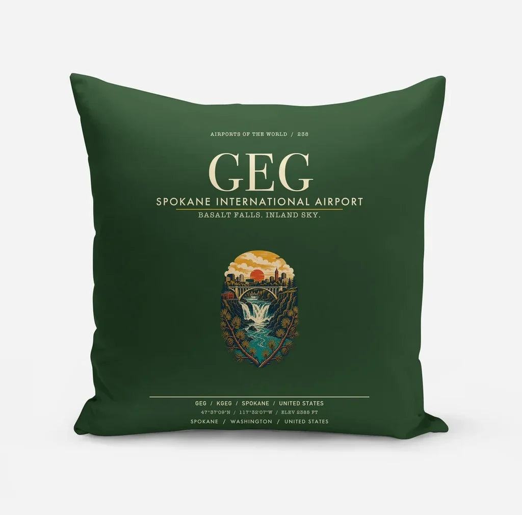 Spokane International Airport (GEG) design on dark green pillow