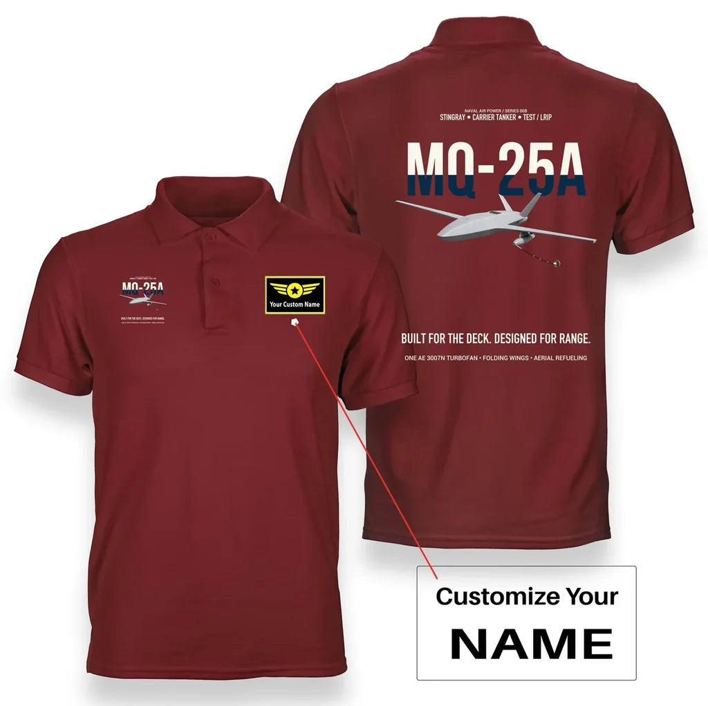 MQ-25A STINGRAY design on red+name double-side polo t-shirt, double-side print