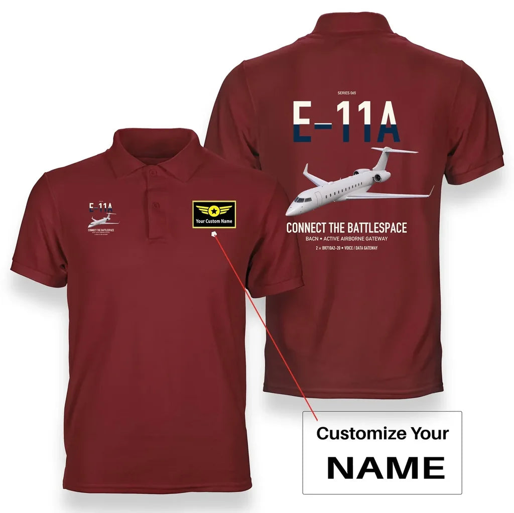 E-11A BACN design on red+name double-side polo t-shirt, double-side print