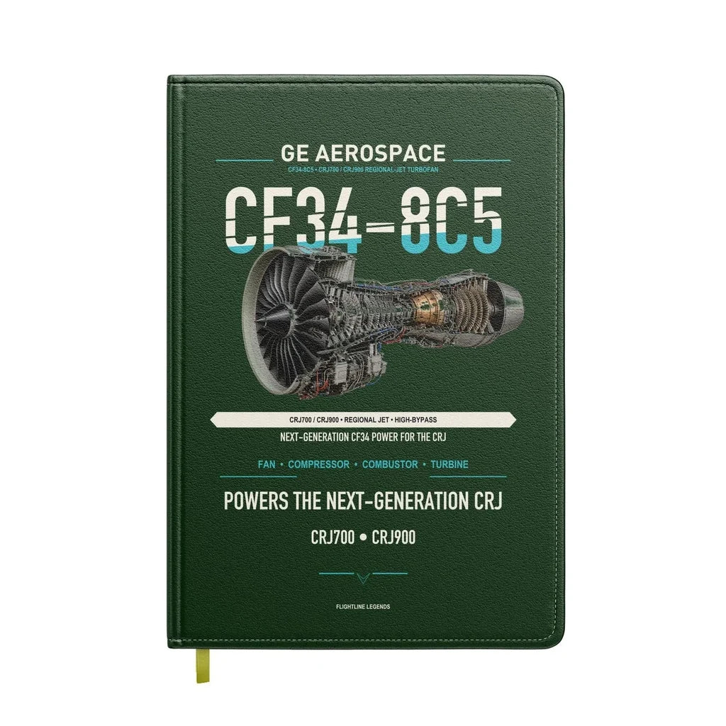 CF34-8C5 design on dark green notebook