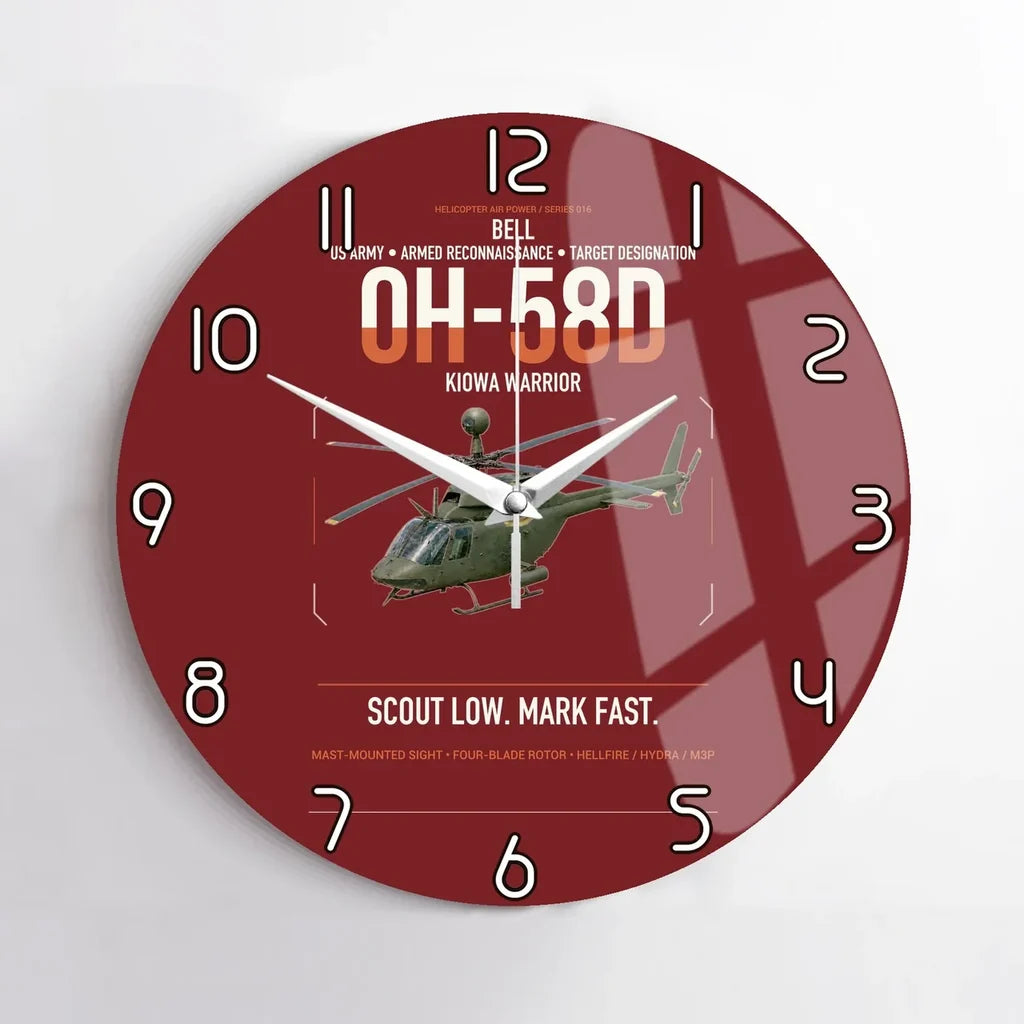 Bell OH-58D Kiowa Warrior design on dark red no frame wall clock