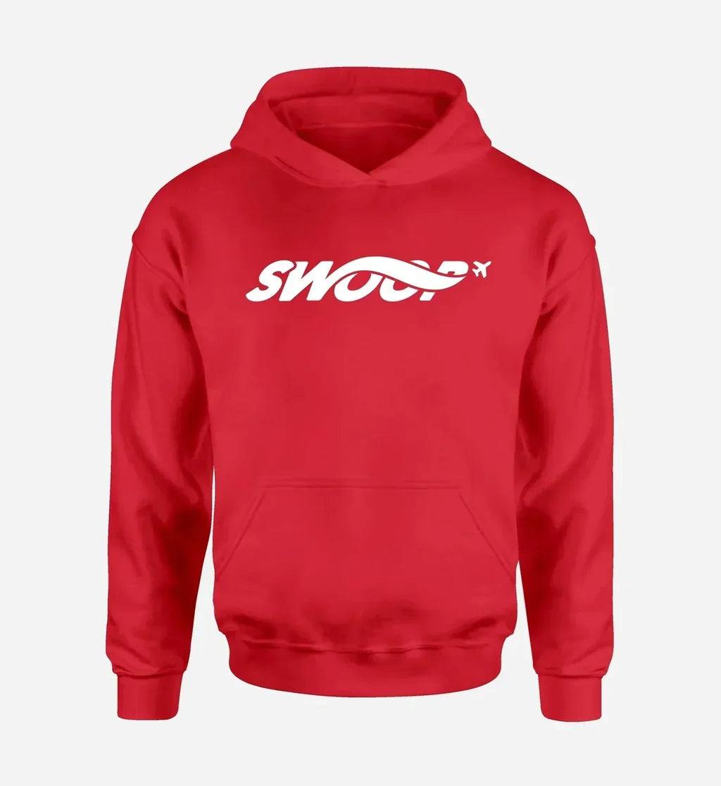 Swoop Airlines logo printed on red hoodie