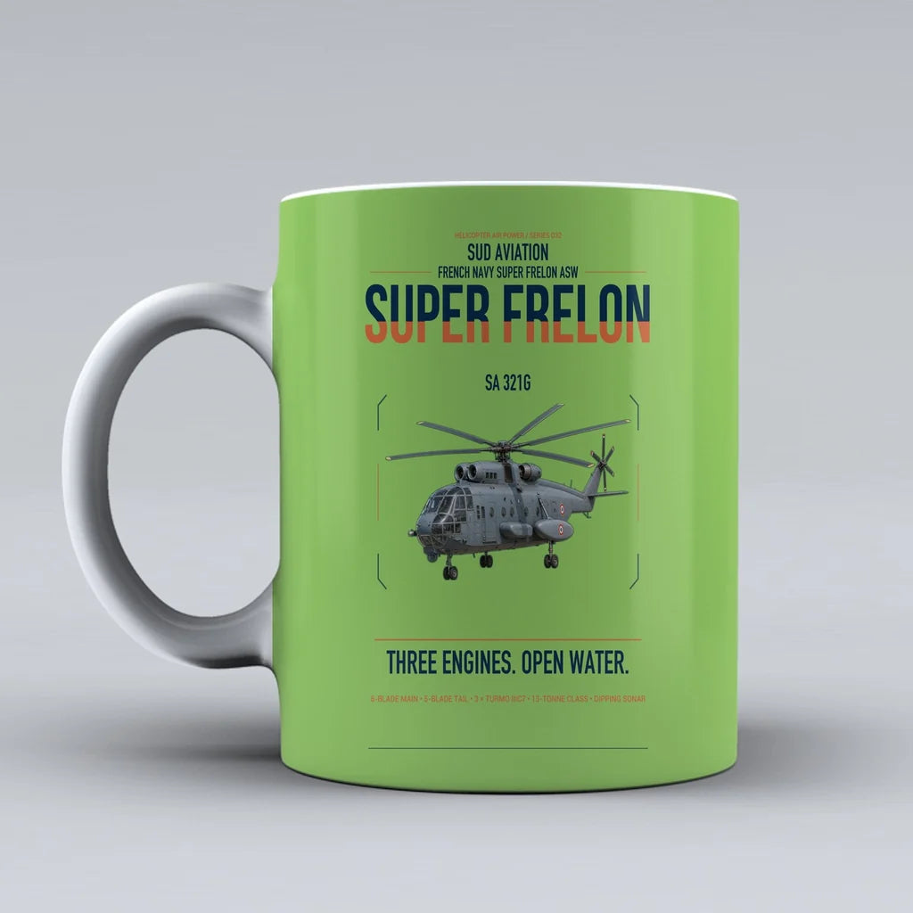 Sud Aviation SA 321G Super Frelon design on light green ceramic mug, double-side print