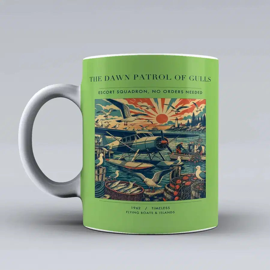 VINTAGE G4411 - The Dawn Patrol Of Gulls - Ceramic Mug design on lightgreen