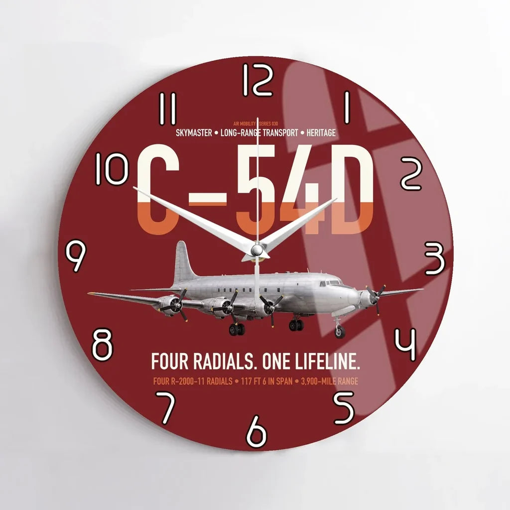 C-54D Skymaster design on dark red no frame wall clock