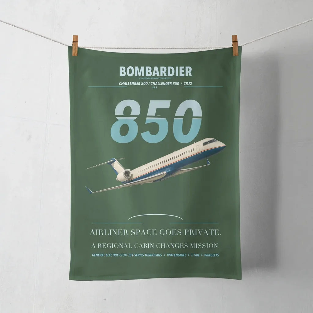Bombardier Challenger 850 design on dark green towel