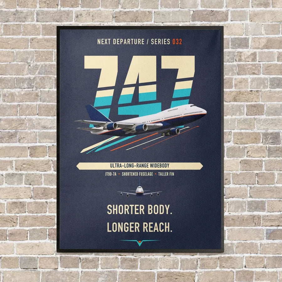 Boeing 747SP vertical canvas print - framed - navy blue background