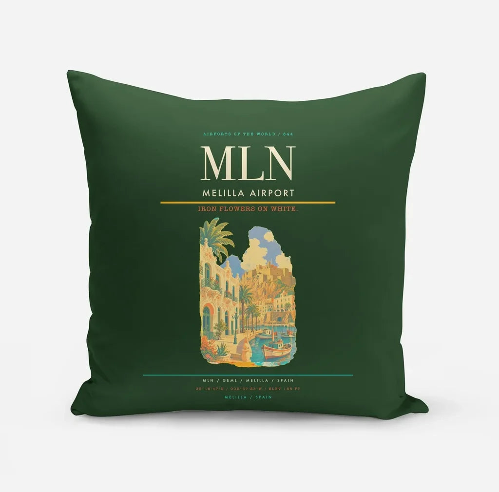 Melilla Airport (MLN) design on dark green pillow
