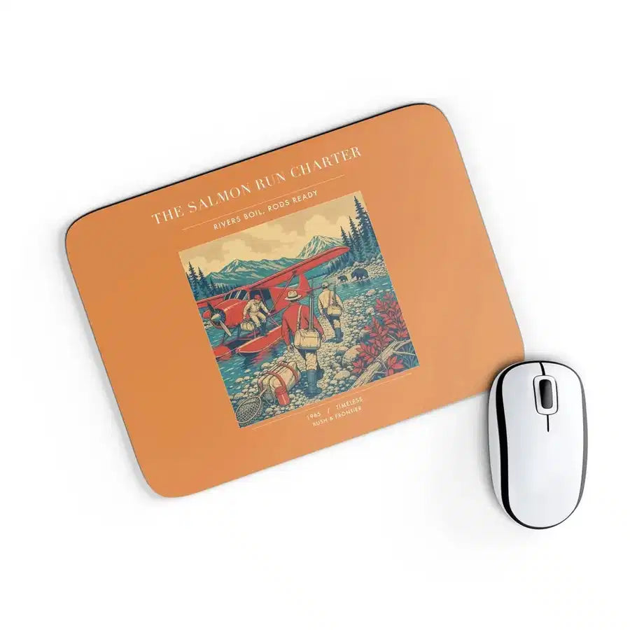 VINTAGE G4289 - The Salmon Run Charter - Designed Mouse Pads design on orange rectangle