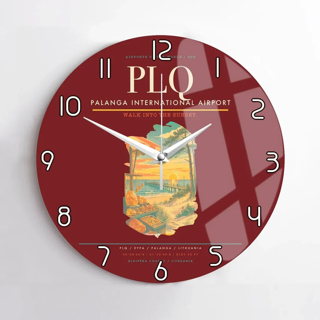 Palanga International Airport (PLQ) design on dark red no frame wall clock