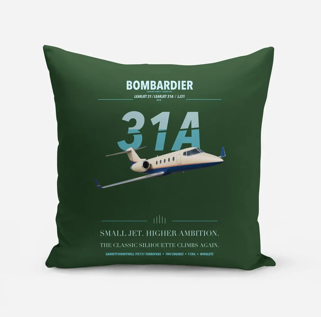 Bombardier Learjet 31A design on dark green pillow