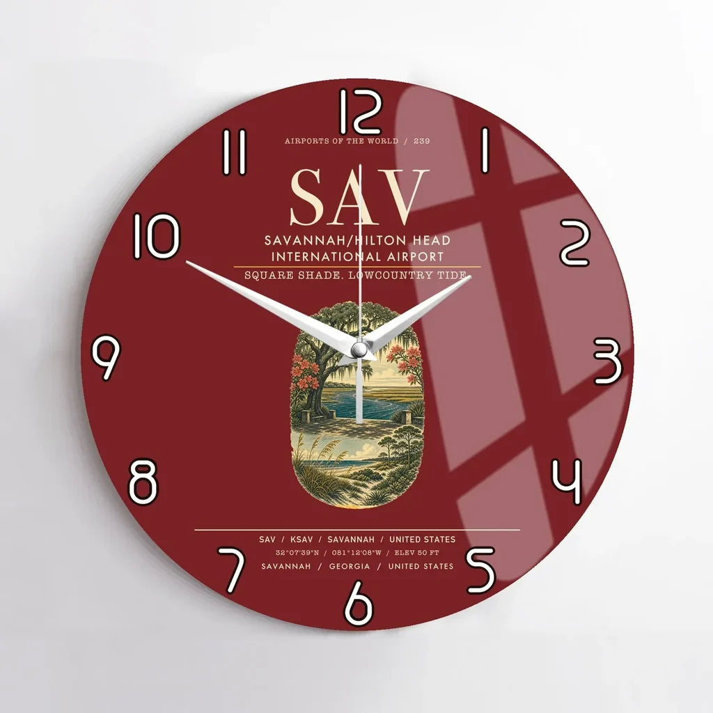 Savannah-Hilton Head International Airport (SAV) design on dark red no frame wall clock