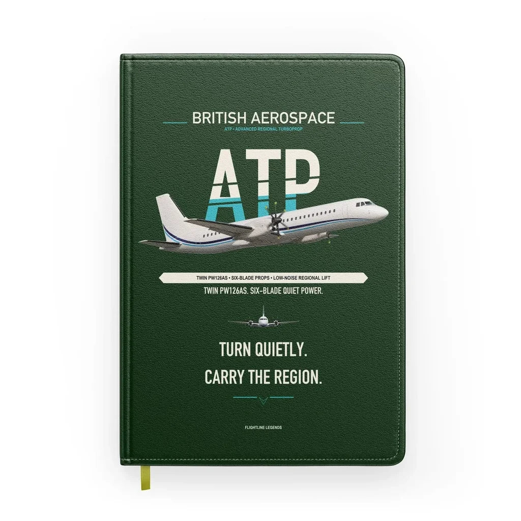 British Aerospace ATP design on dark green notebook