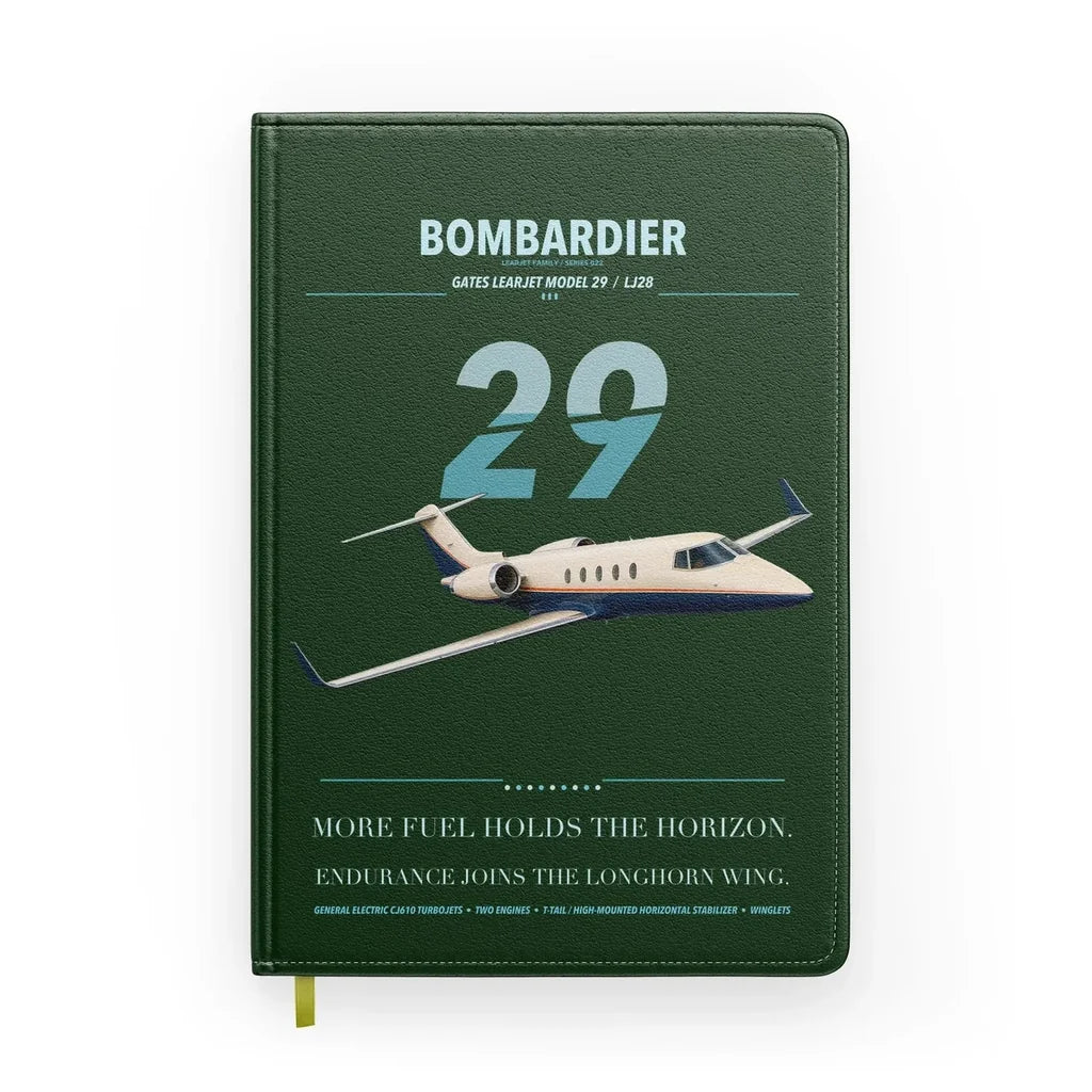 Bombardier Learjet 29 design on dark green notebook