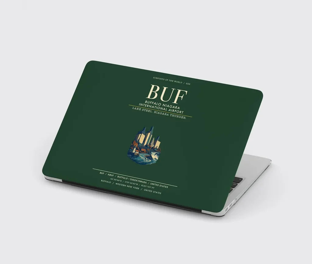 Buffalo Niagara International Airport (BUF) design on dark green MacBook case