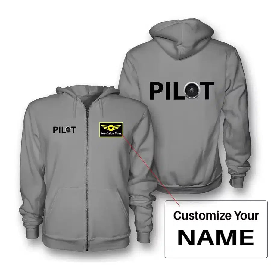 Pilot & Jet Engine Zipped Hoodie - Gray + Name (Customizable)