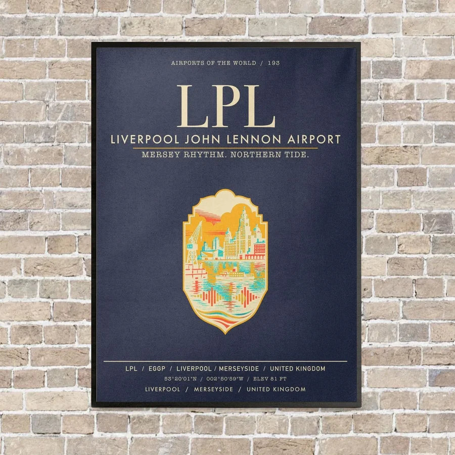 Liverpool John Lennon Airport LPL vertical canvas print - framed - navy blue background