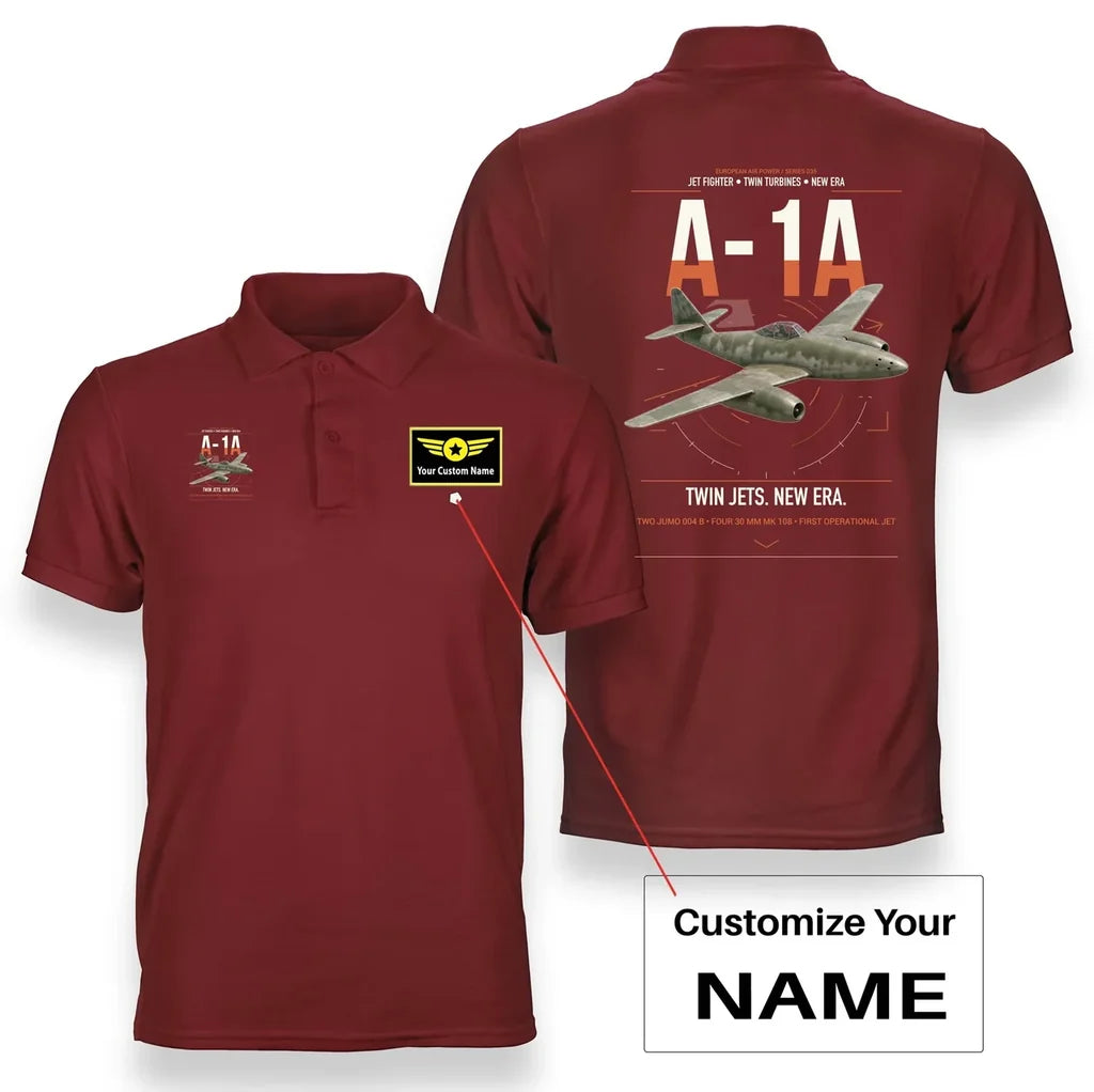 Messerschmitt Me 262A-1a design on red+name double-side polo t-shirt, double-side print