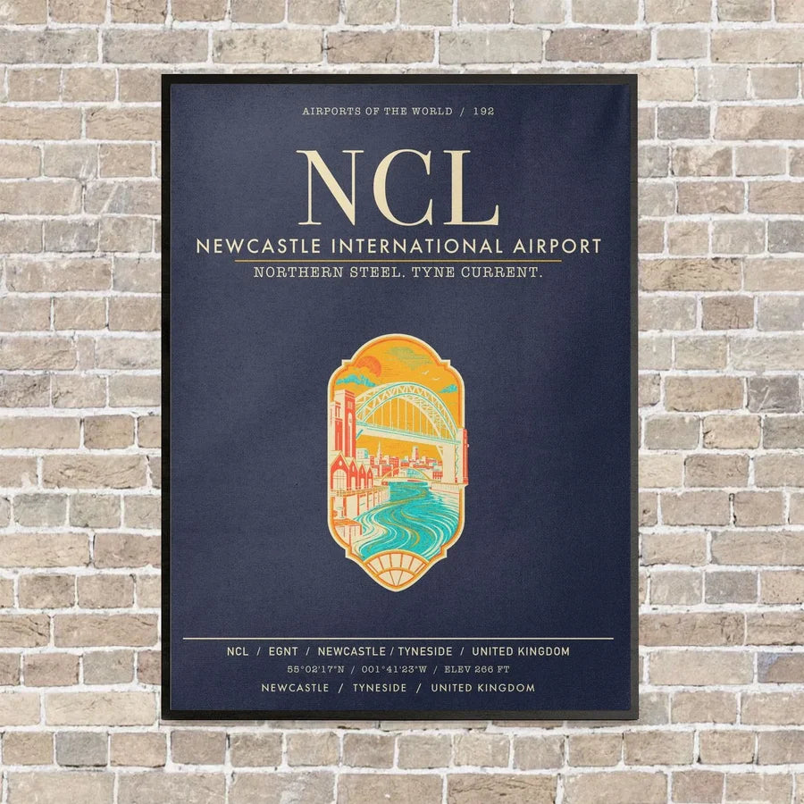 Newcastle International Airport NCL vertical canvas print - framed - navy blue background