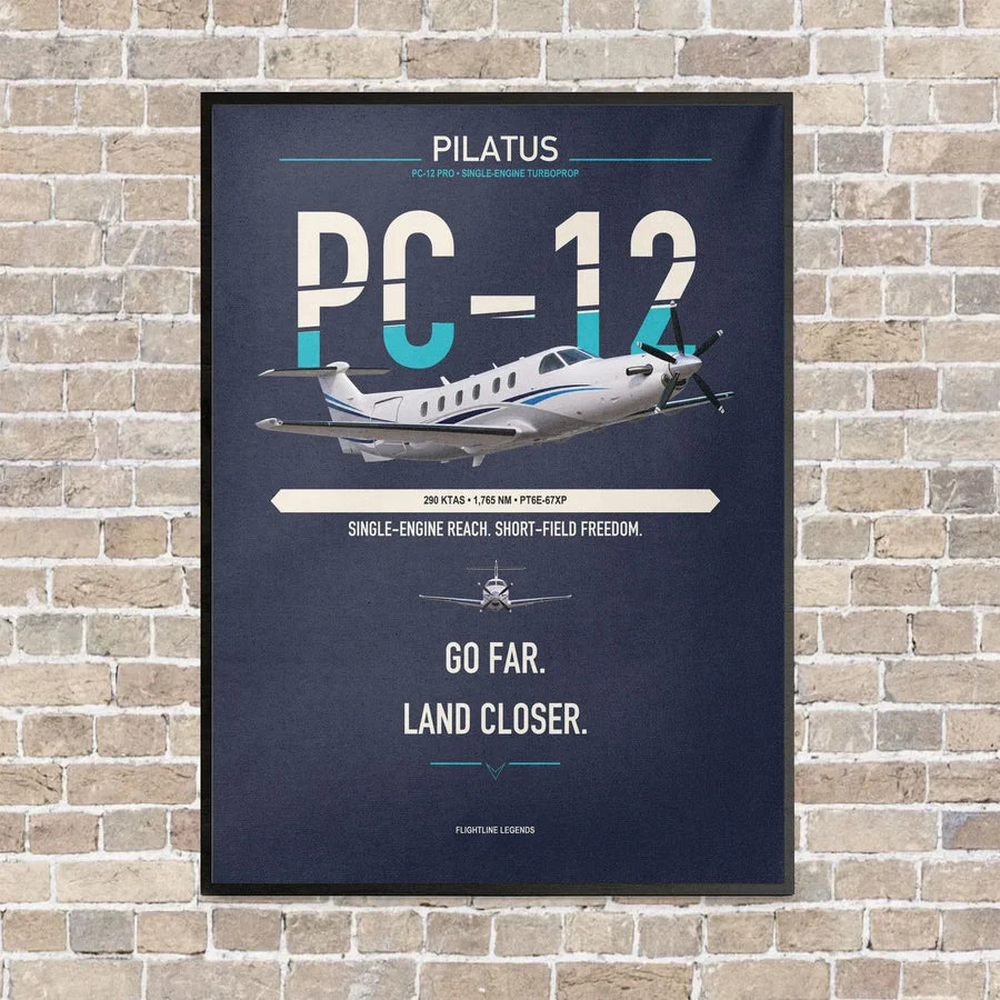 Pilatus PC-12 PRO vertical canvas print - framed - navy blue background