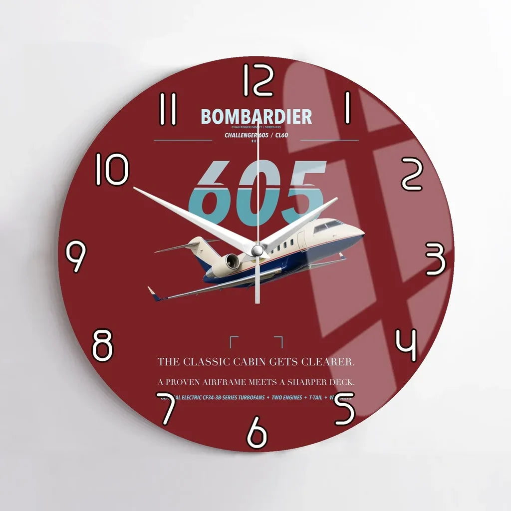 Bombardier Challenger 605 design on dark red no frame wall clock