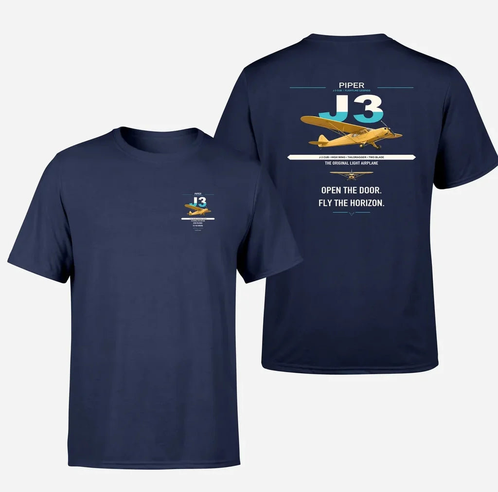 Piper J-3 Cub design on navy blue t-shirt, double-side print