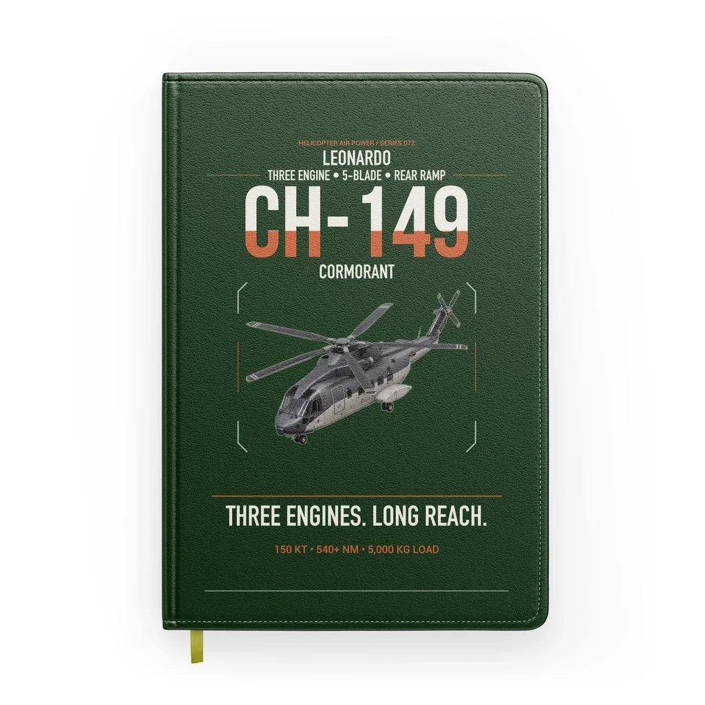 Leonardo CH-149 Cormorant design on dark green notebook