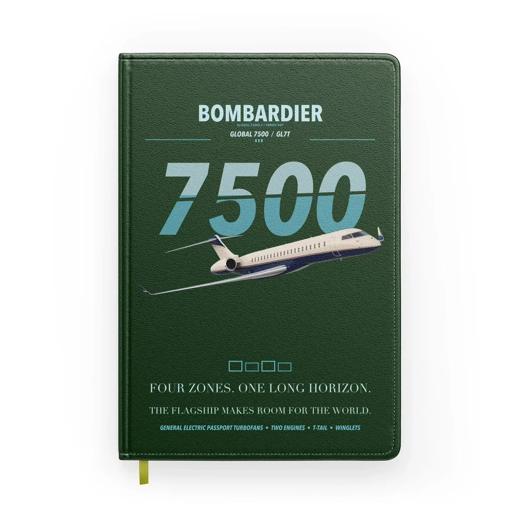 Bombardier Global 7500 design on dark green notebook