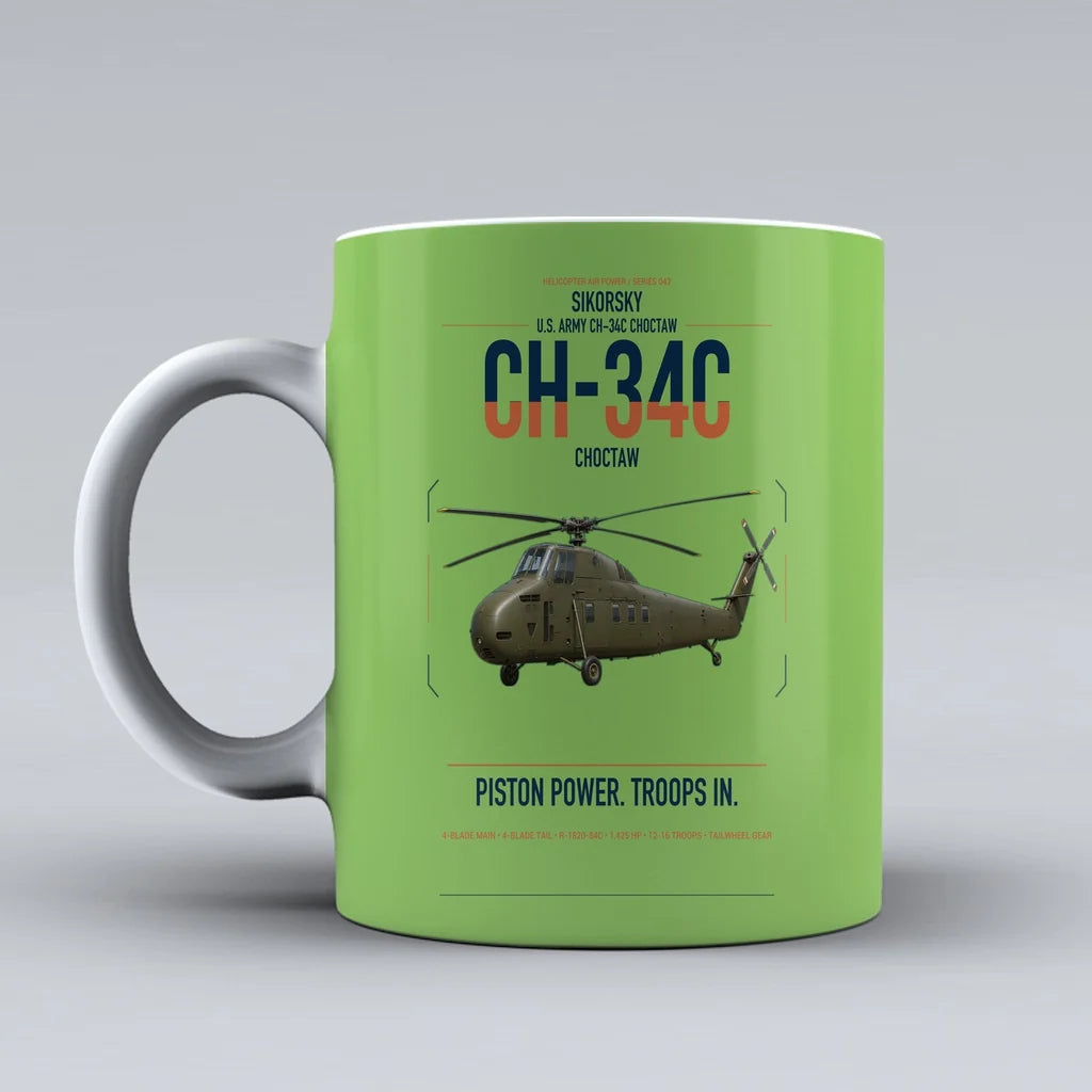 Sikorsky CH-34C Choctaw design on light green ceramic mug, double-side print