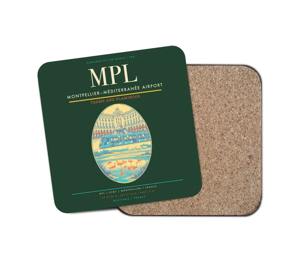 Montpellier–Méditerranée Airport (MPL) design on dark green 1 piece coaster