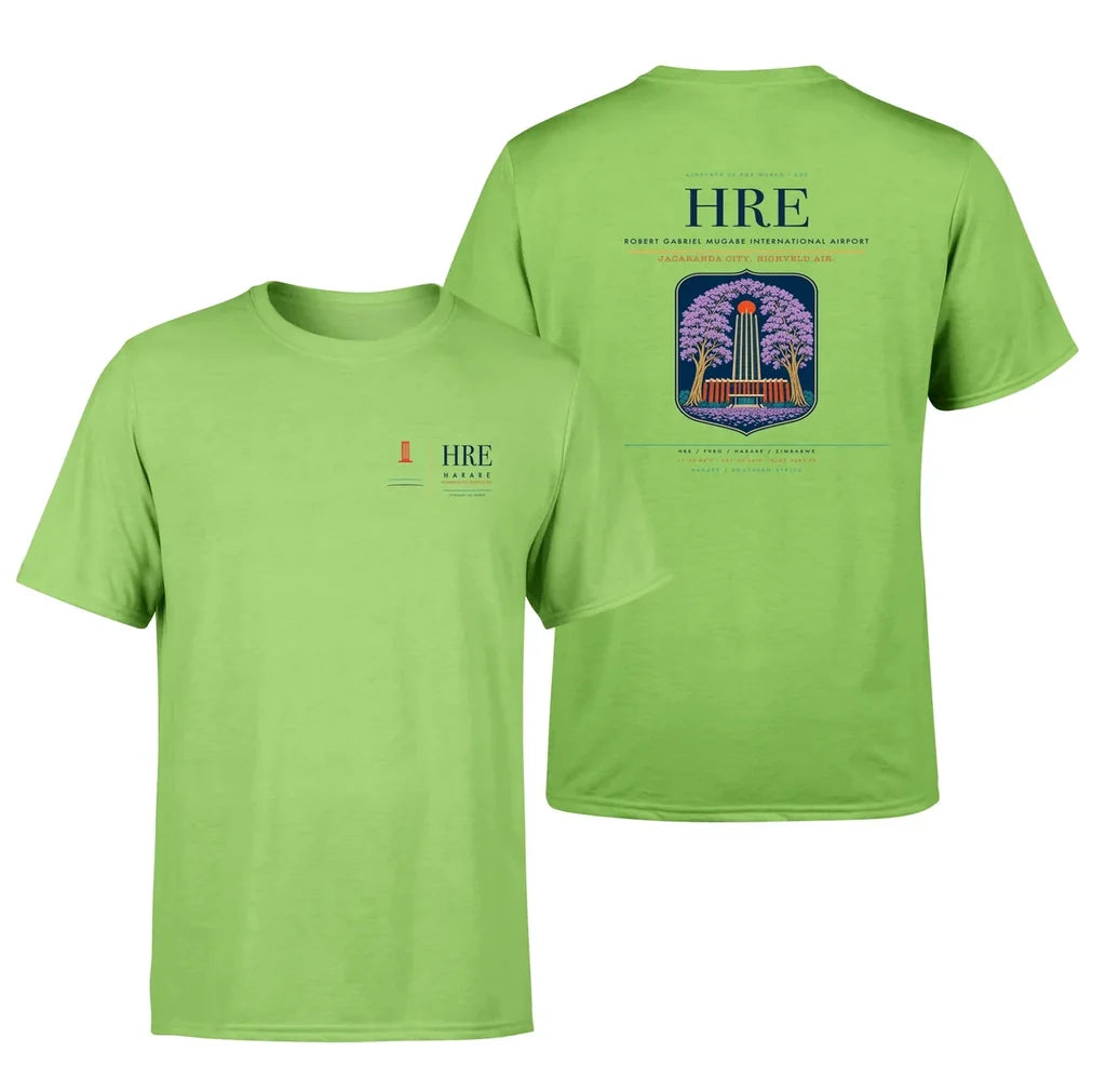 Robert Gabriel Mugabe International Airport (HRE) design printed on light green double-side t-shirt