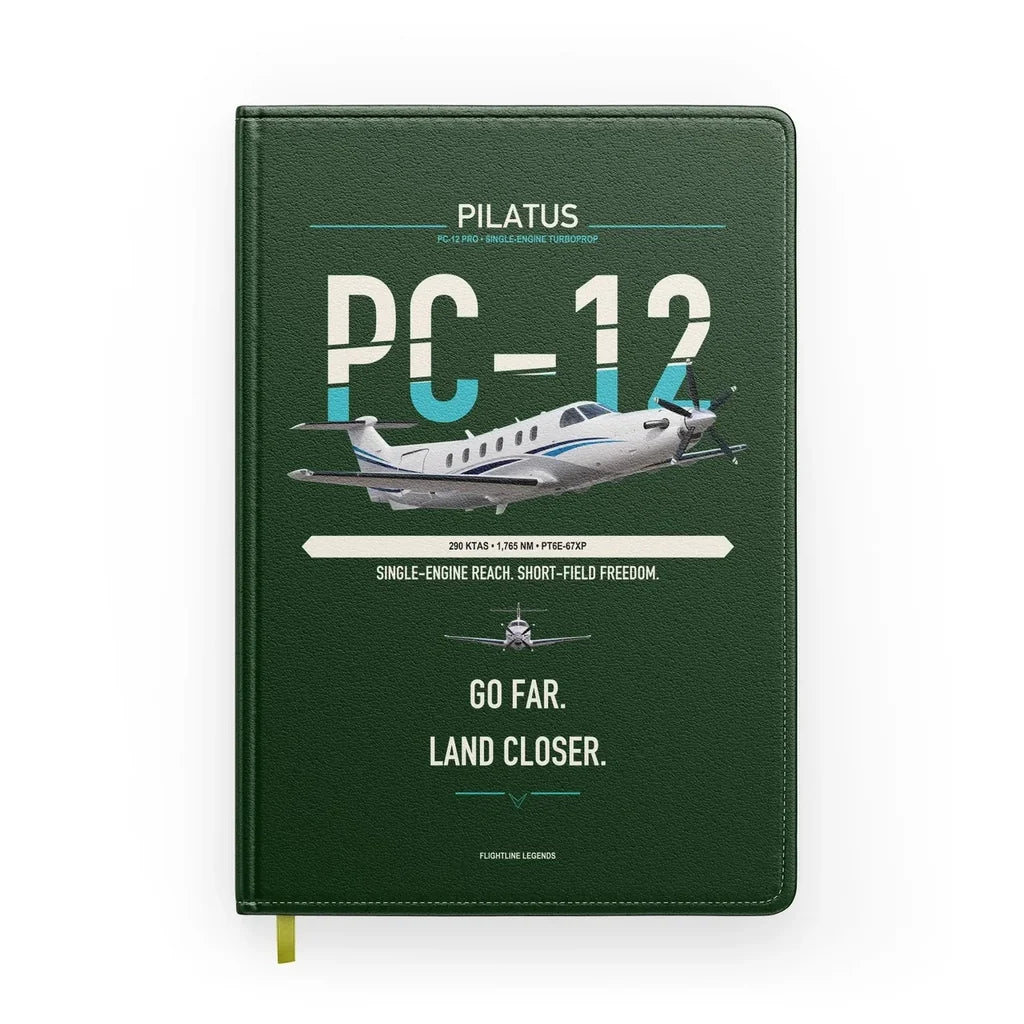 Pilatus PC-12 PRO design on dark green notebook