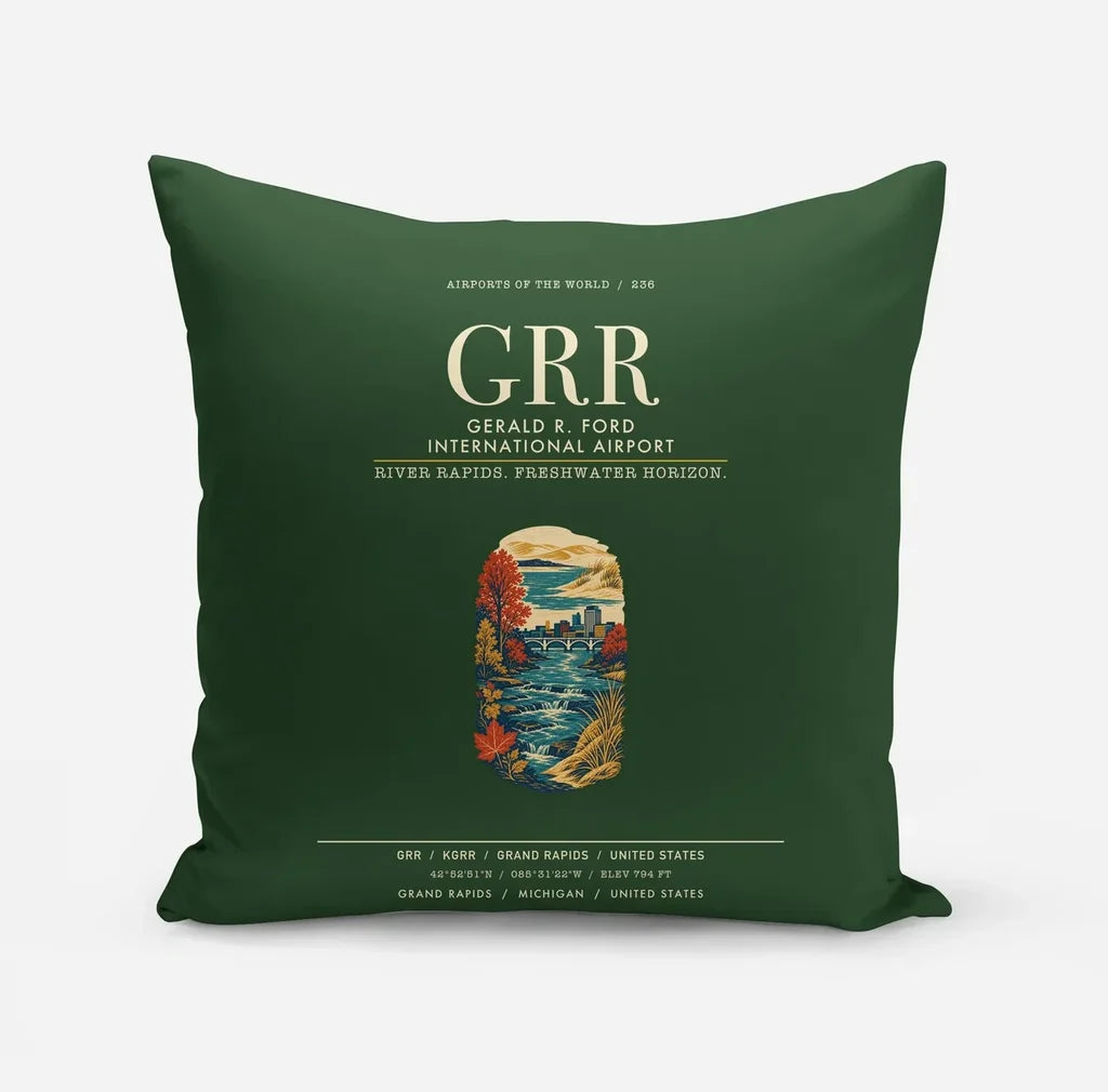 Gerald R. Ford International Airport Grand Rapids (GRR) design on dark green pillow