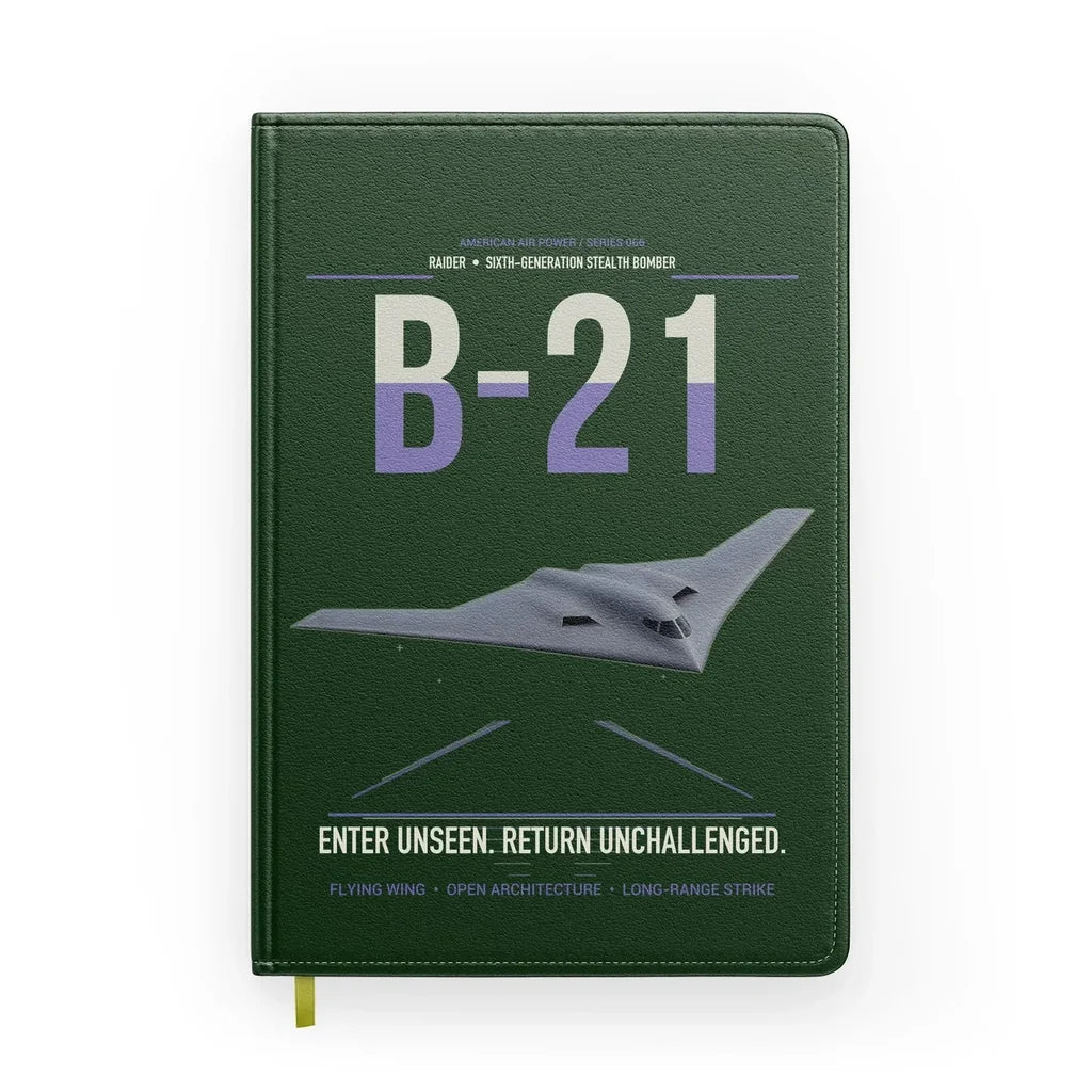 B-21 Raider design on dark green notebook