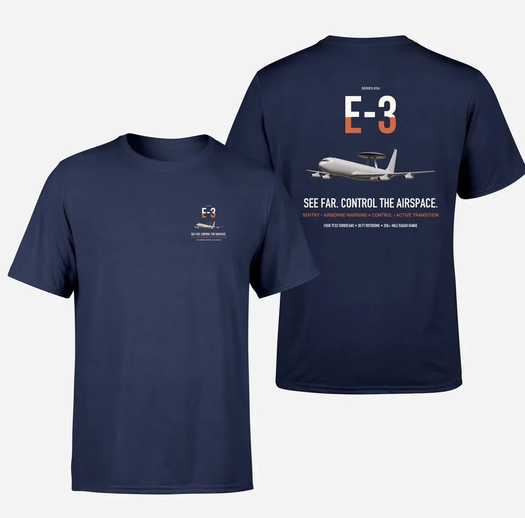 E-3 Sentry AWACS design on navy blue double-side t-shirt, double-side print