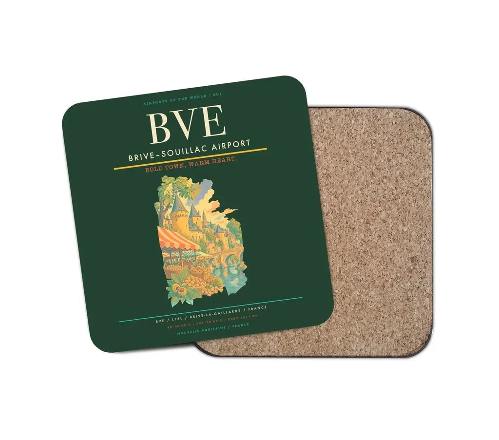 Brive–Souillac Airport (BVE) design on dark green 1 piece coaster