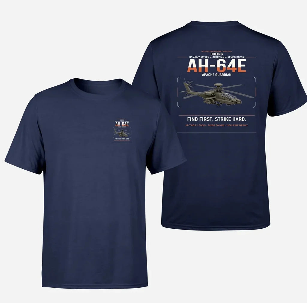 Boeing AH-64E Apache Guardian design on navy blue t-shirt, double-side print